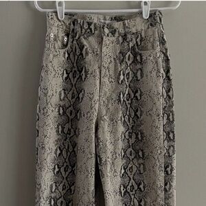 Zara Women 4 Snakeskin Animal Print Denim High Rise Raw Hem Wide Leg Jeans